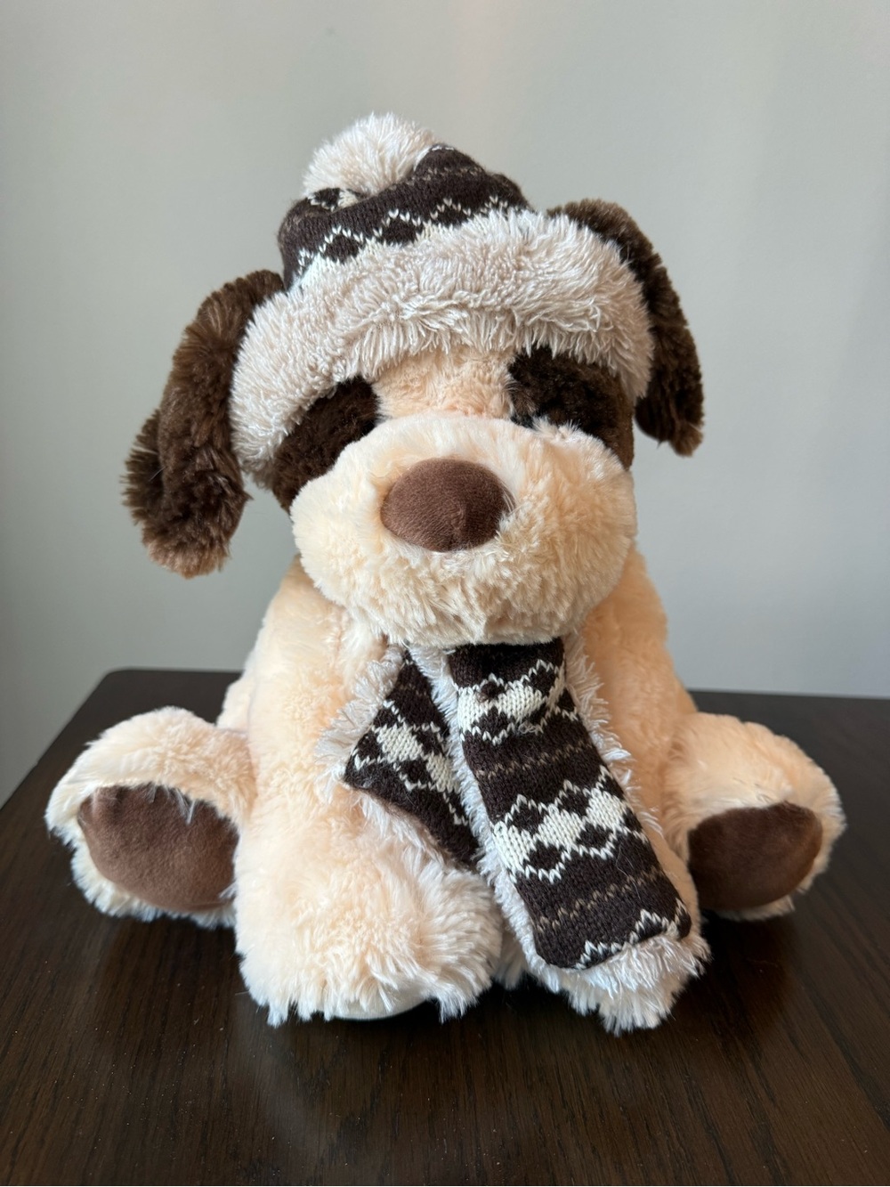 Hugfun Stuffed Tan Puppy Dog Plush W/ Hat & Scarf 12" Winter Holiday
